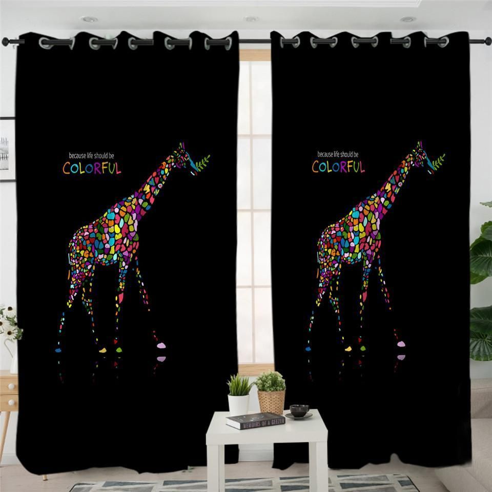 Colorful Giraffe Black Printed Window Curtains Home Decor