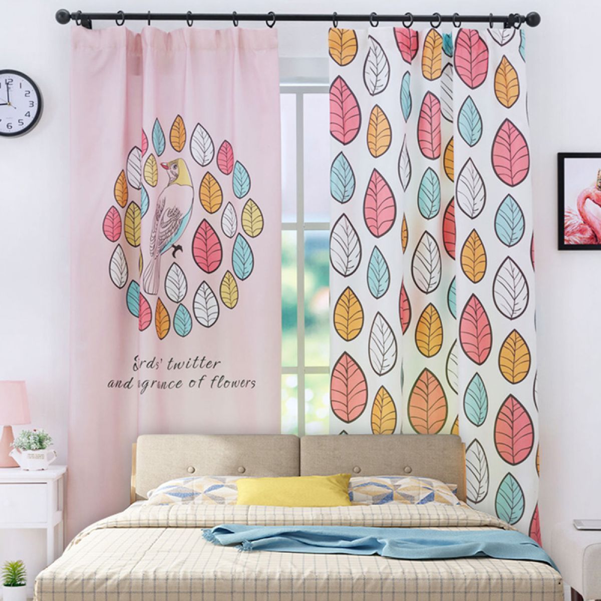 Colorful Leaf And Bird Printed Window Curtain Home Decor