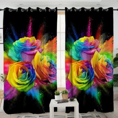 Colorful Rose On Black Background Printed Window Curtain