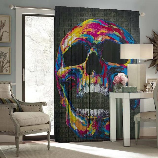 Colorful Screaming Skull Gray Background Printed Window Curtain