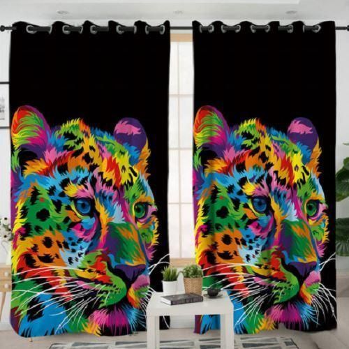 Colorful Tiger Head On Black Background Printed Window Curtain