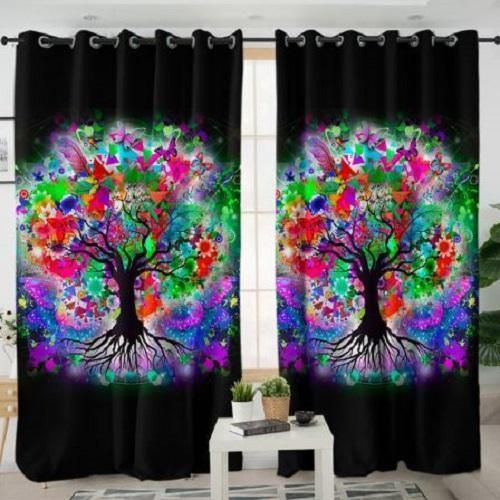 Colorful Tree Spirit Black Background Printed Window Curtain