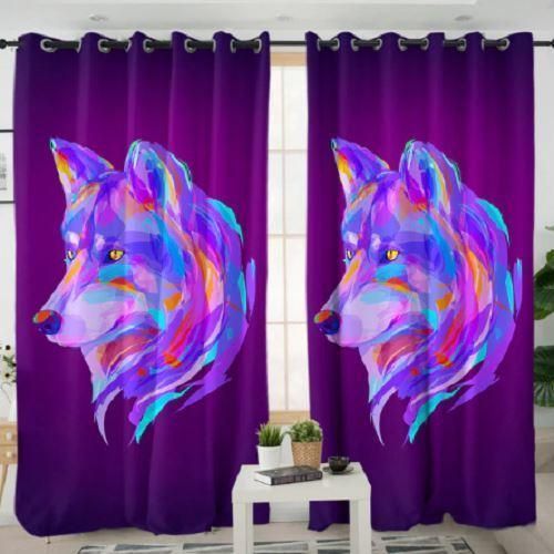 Colorful Wolf Face On Purple Background Printed Window Curtain