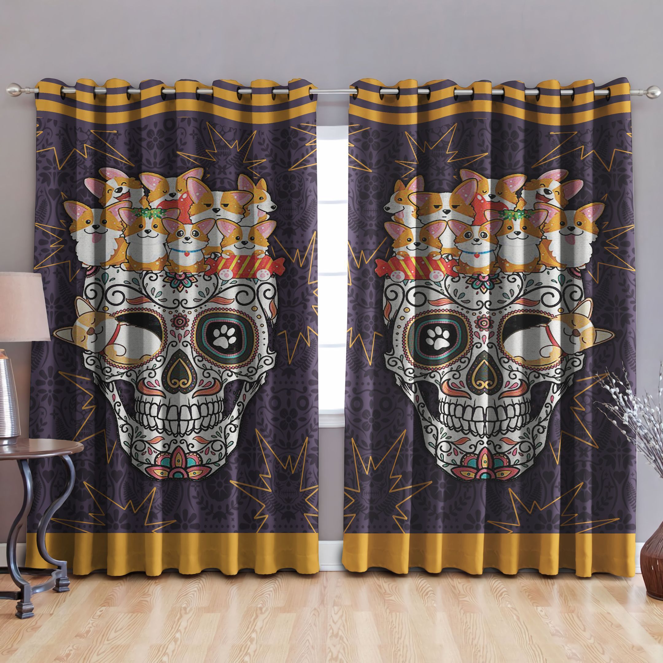 Corgi Sugar Skull Gray And Yellow Printed Window Curtain Home Decor