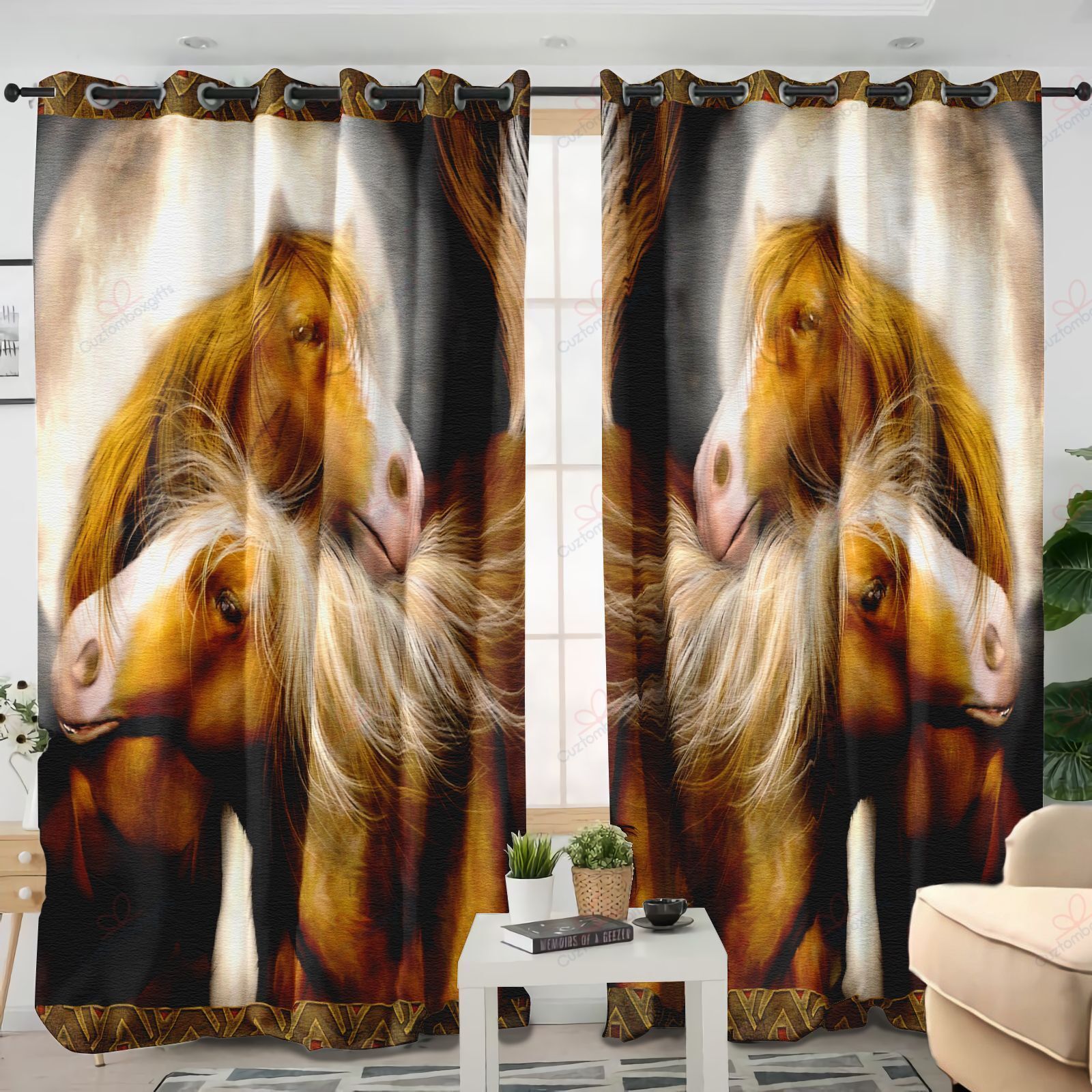 Couple Of Horse Printed Window Curtain Home Decor