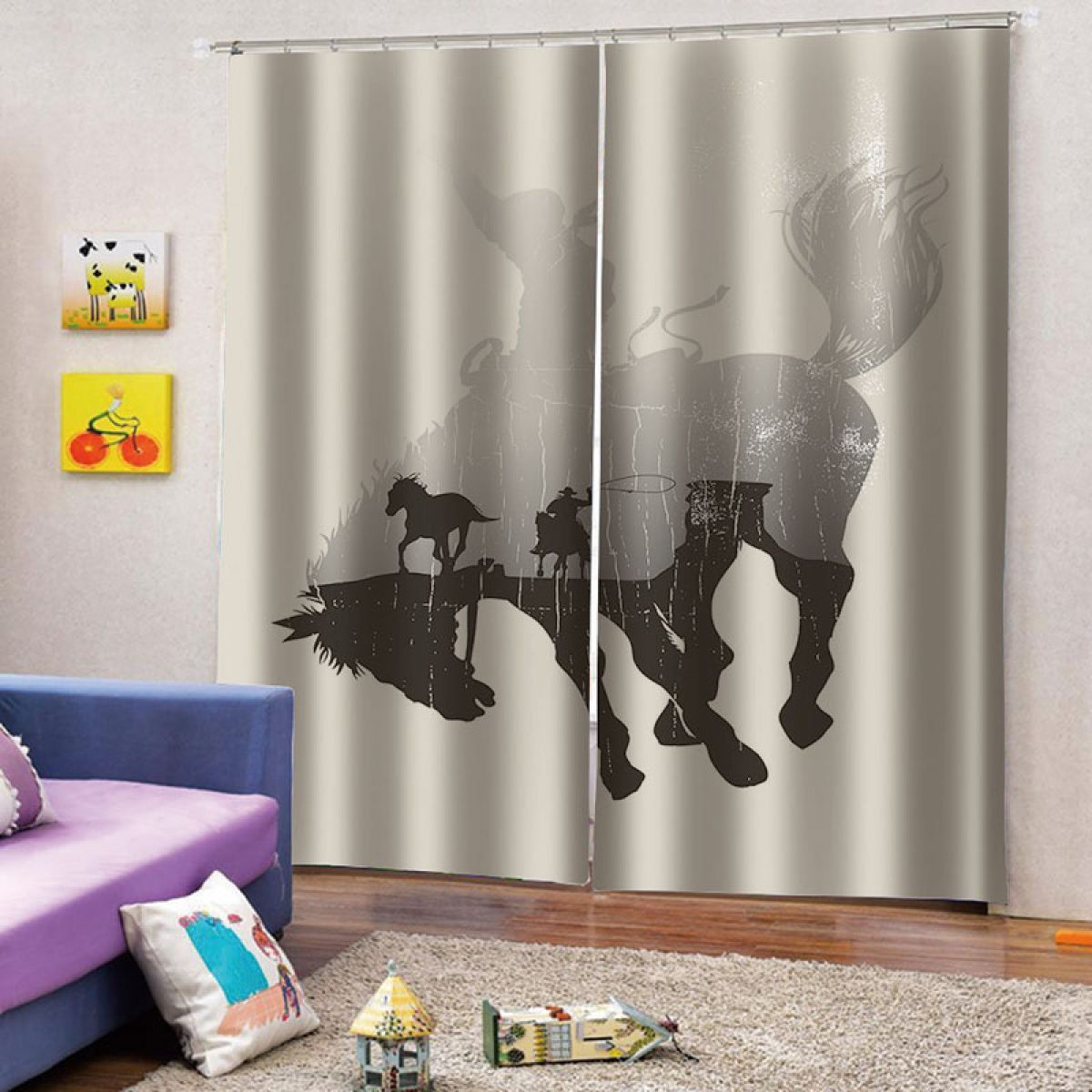 Cowboy Lasso Horse Silhouette Printed Window Curtain Home Decor