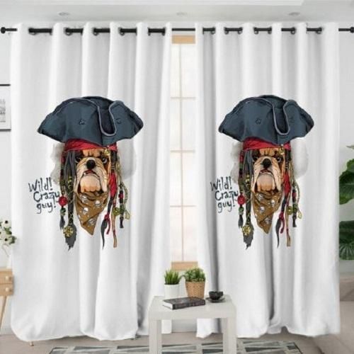 Crazy Pirate Bulldog White Background Printed Window Curtain