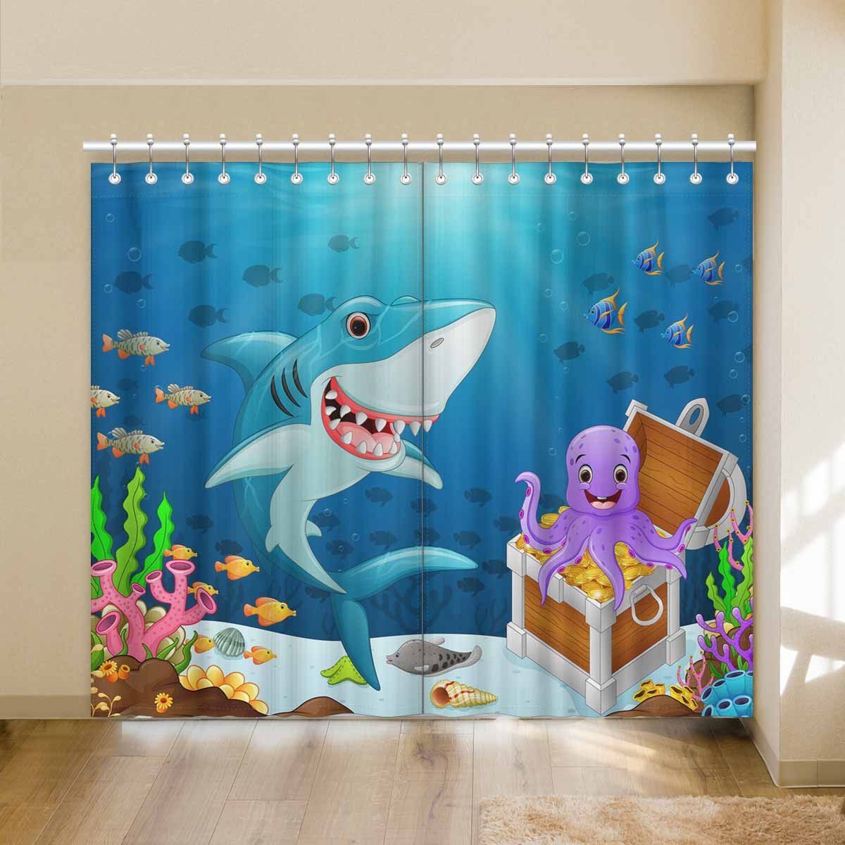 Cute Cartoon Shark And Purple Octopus With Treasure Printed Window Curtain