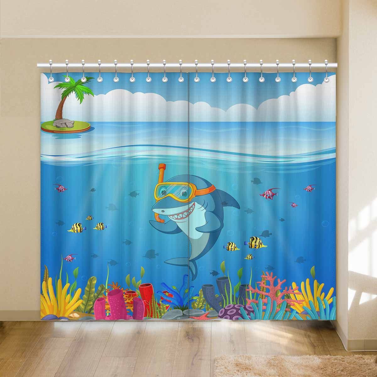 Cute Diver Shark Under The Sea Printed Window Curtain