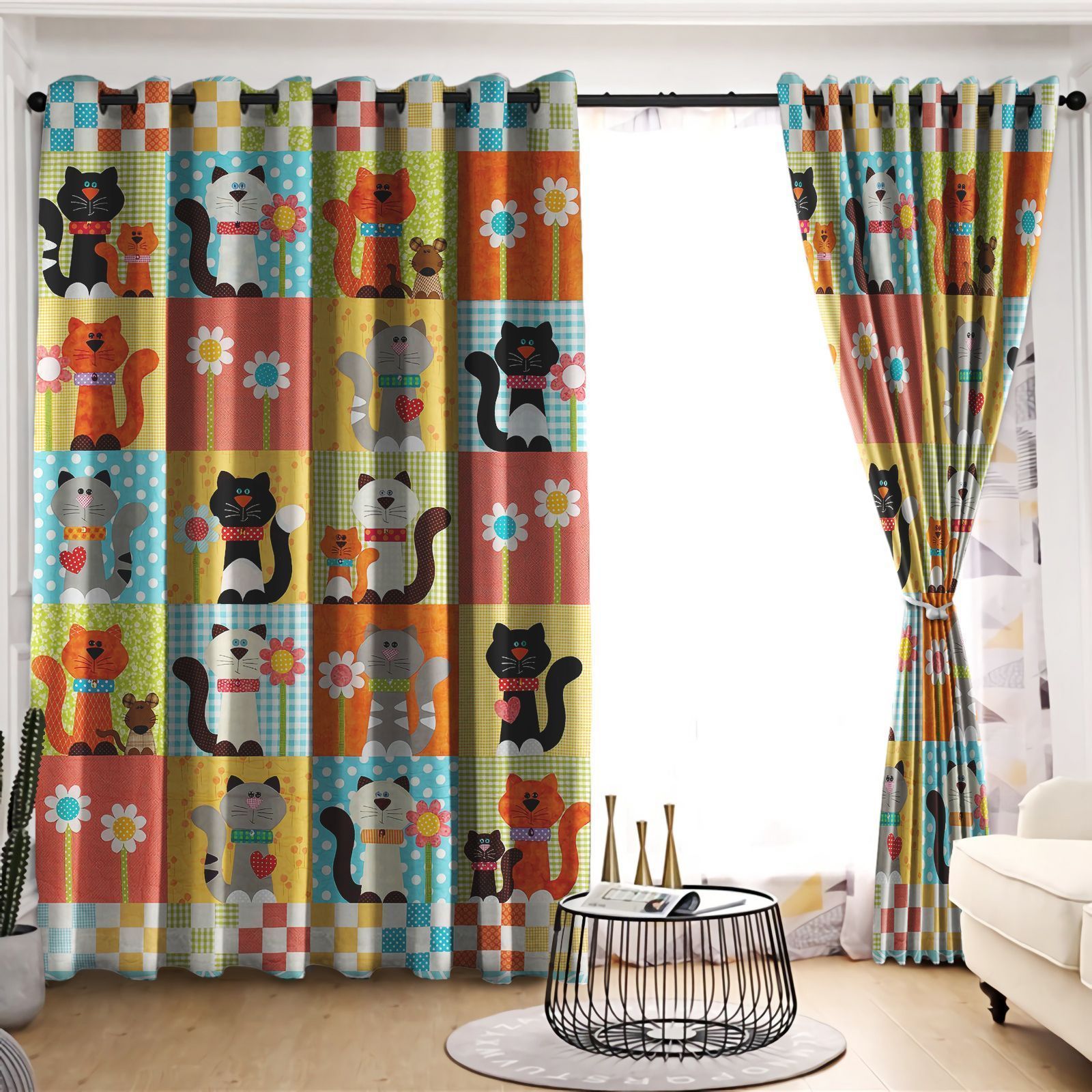 Cute Moments Of Cat Printed Window Curtain Home Decor