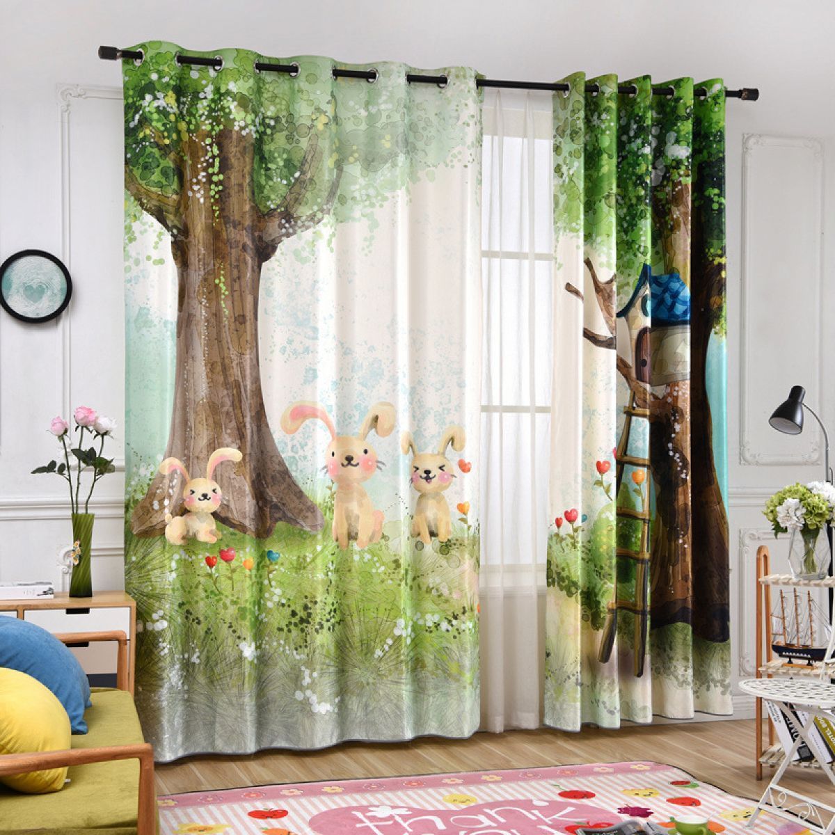 Cute Rabbit Garden Printed Window Curtain Home Decor