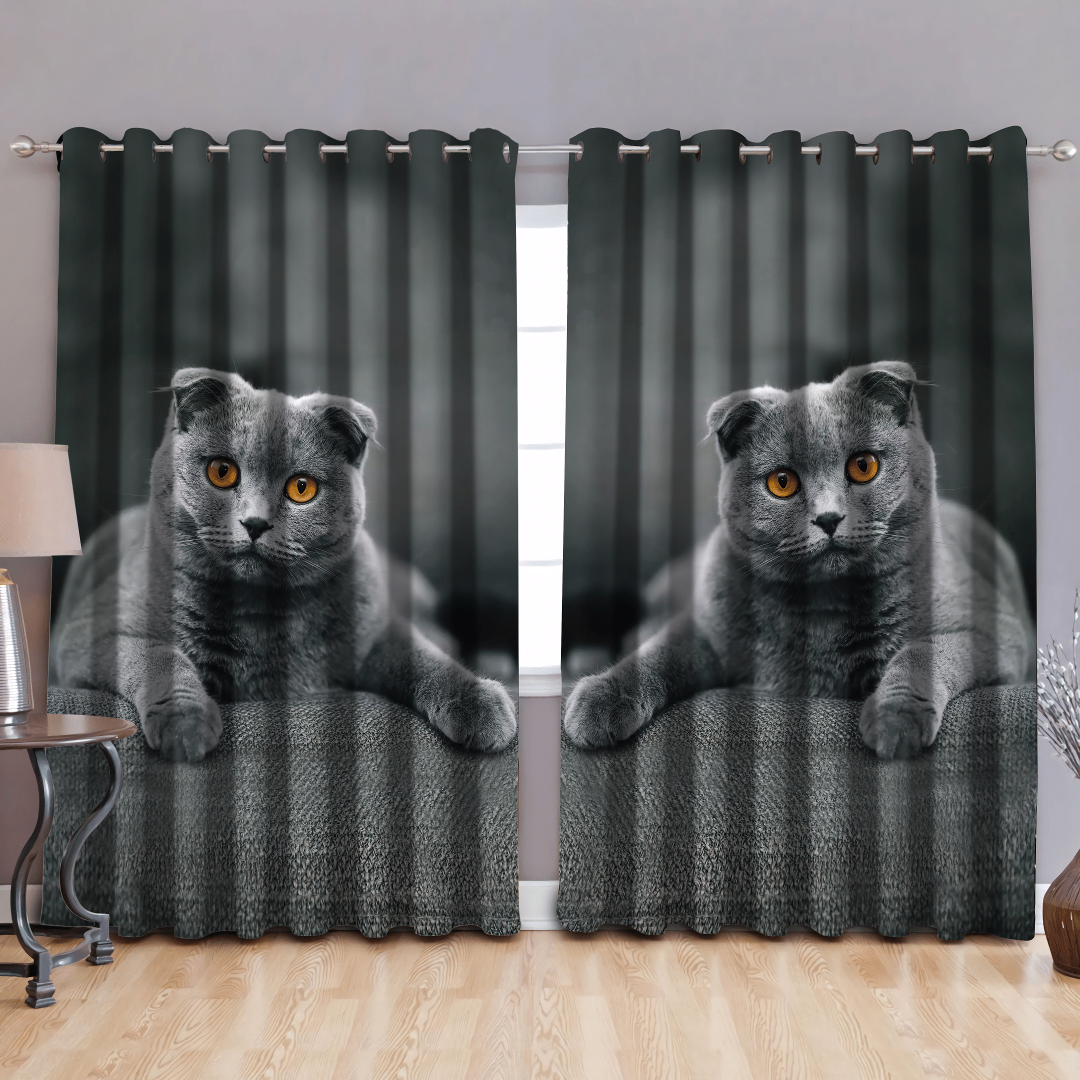 Cute Short Hair Scottish Cat Printed Window Curtain Home Decor