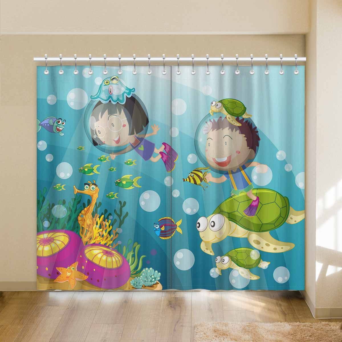 Cute Tortoise And Kids In Deep Water Printed Window Curtain