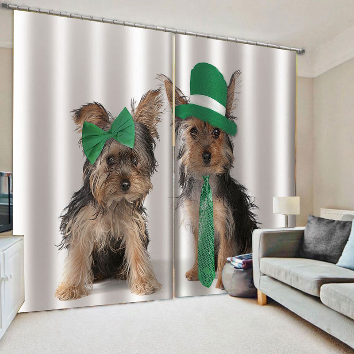 Cute Yorkshire Terrier St Patrick's Day Printed Window Curtain Home Decor