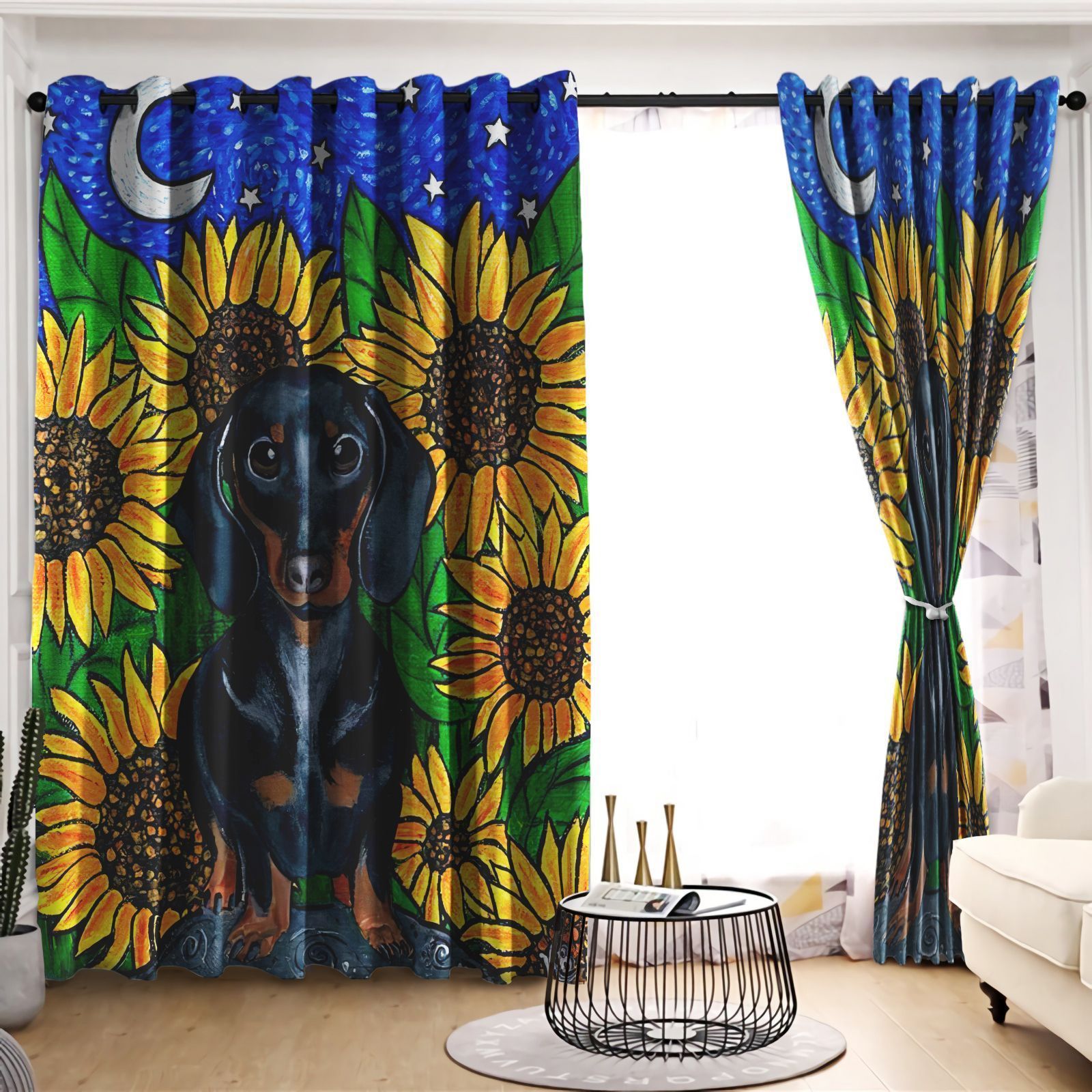 Dachshund On Sunflower Field Printed Window Curtain