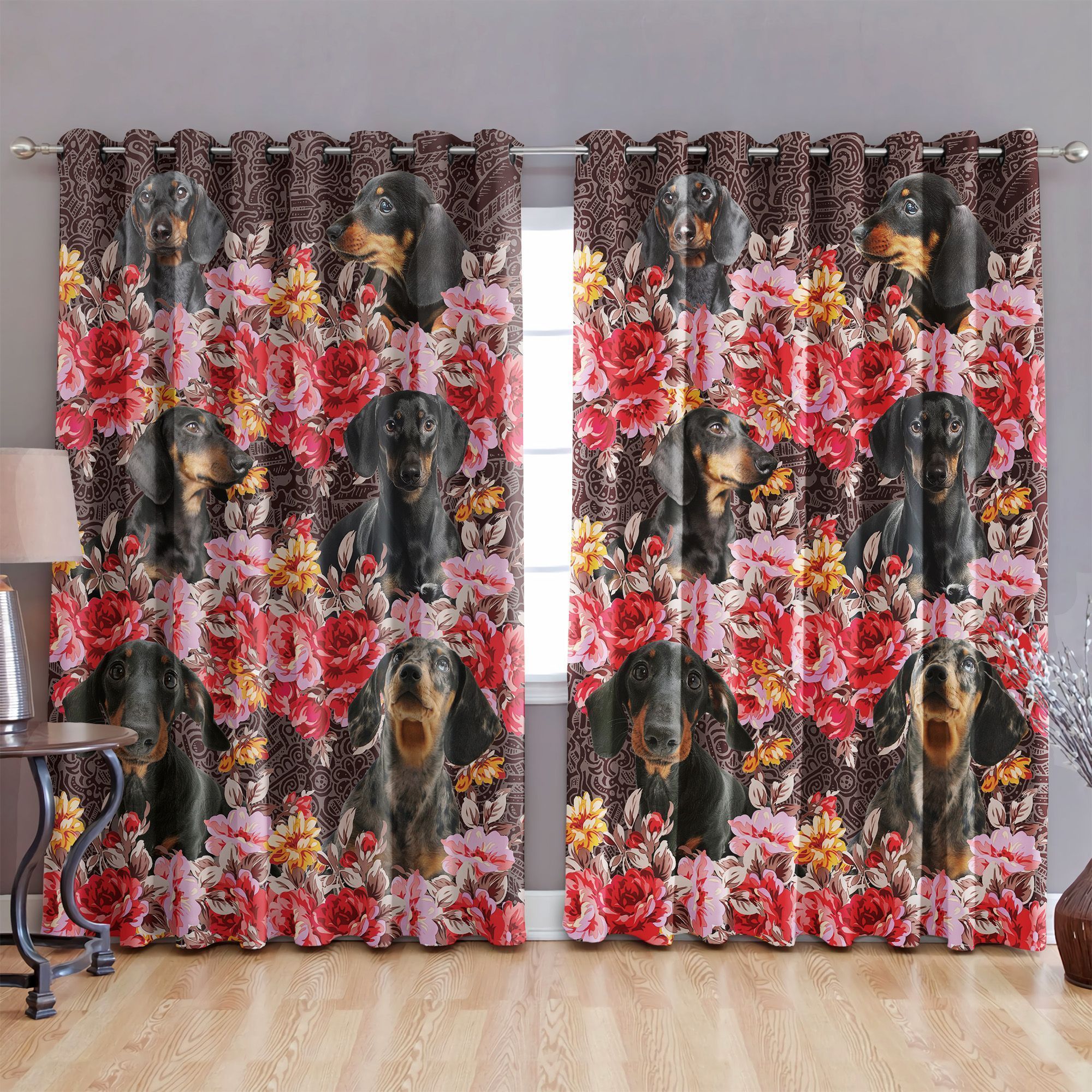 Dachshund With Pink And Red Flower Printed Window Curtain Home Decor