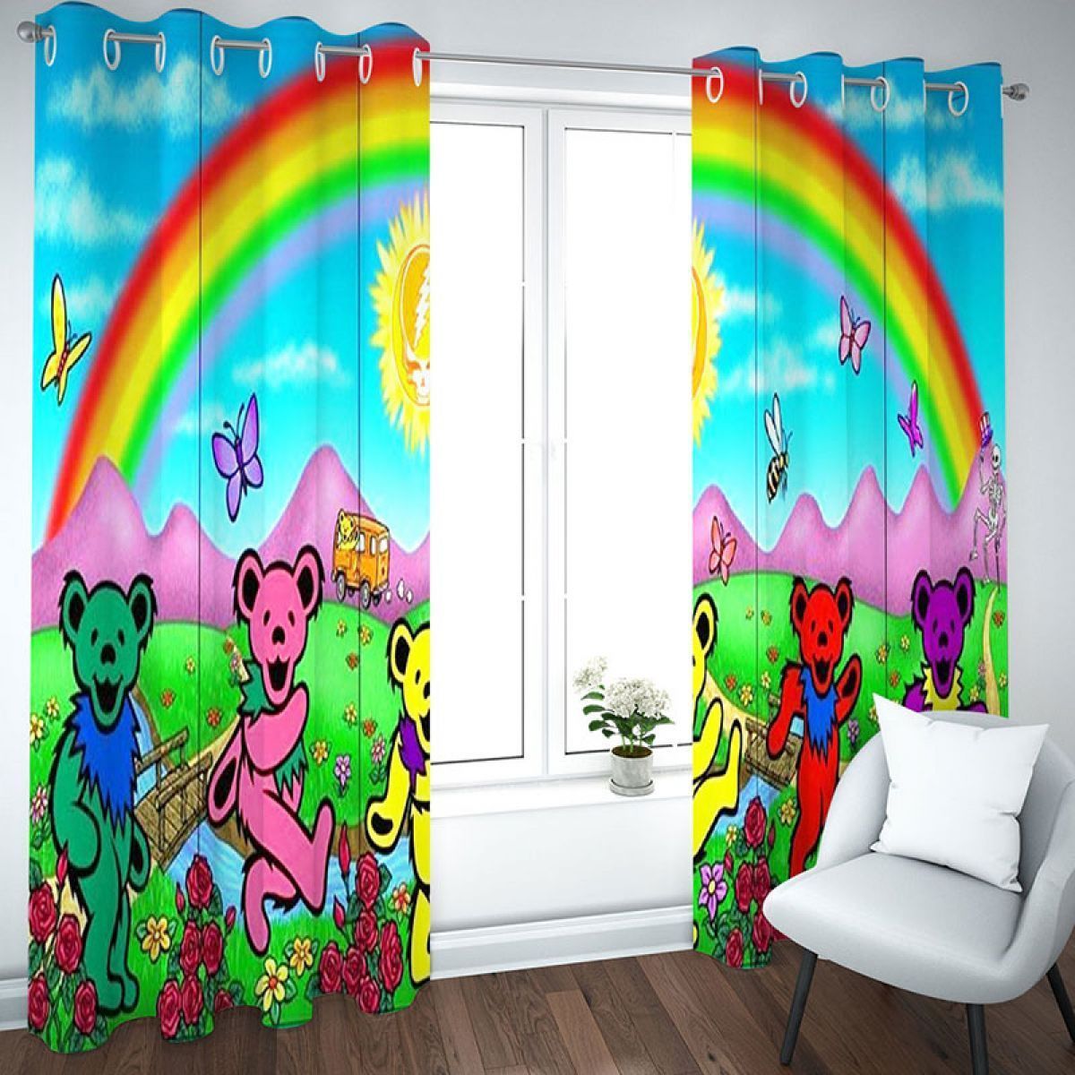 Dancing Bears Rainbow Printed Window Curtain Home Decor
