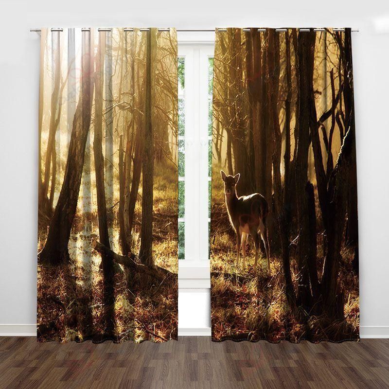Dark Shadow Sunlight Forest Tree Deer Printed Window Curtain