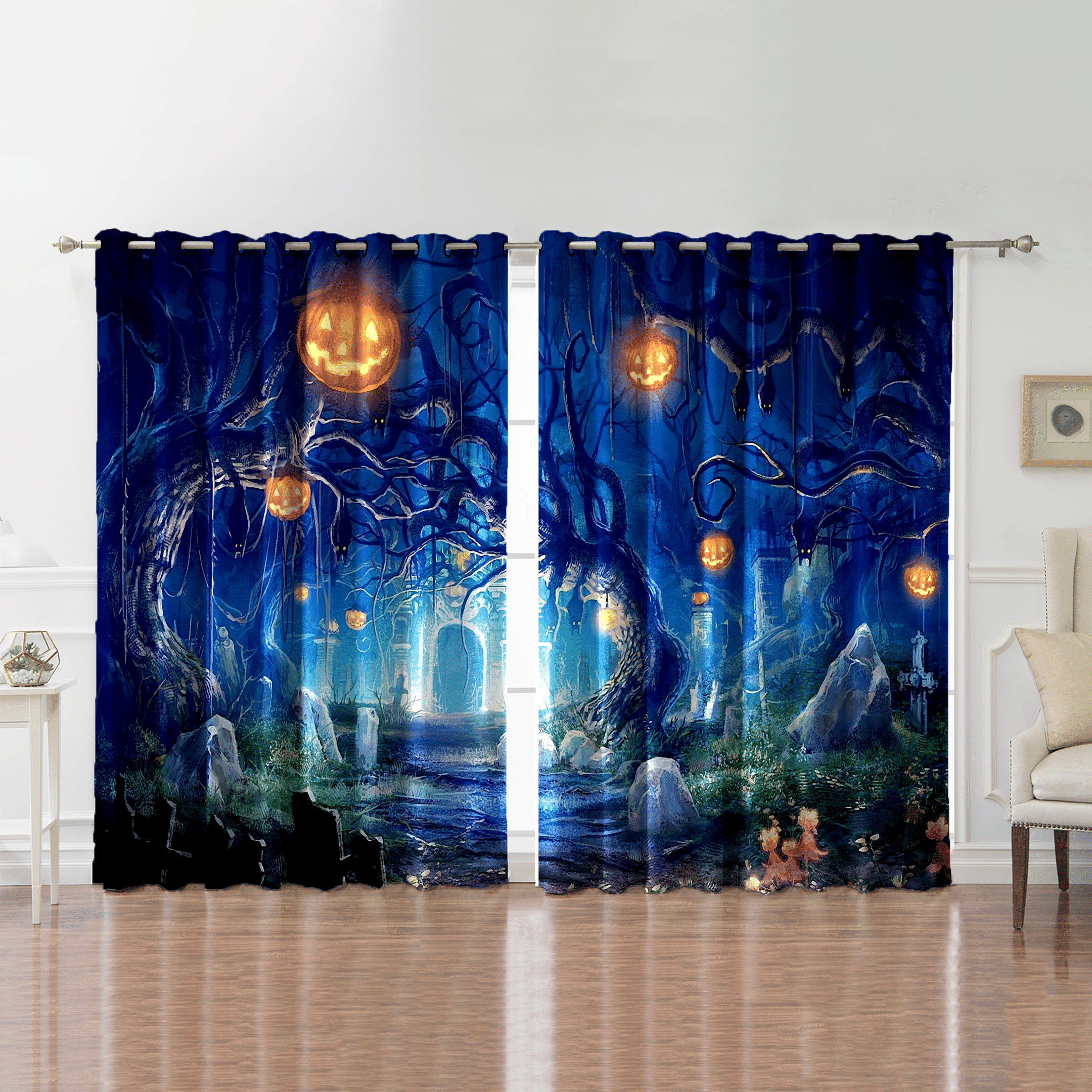 Deep Forest Pattern Halloween Pumskin Lights Printed Window Curtain
