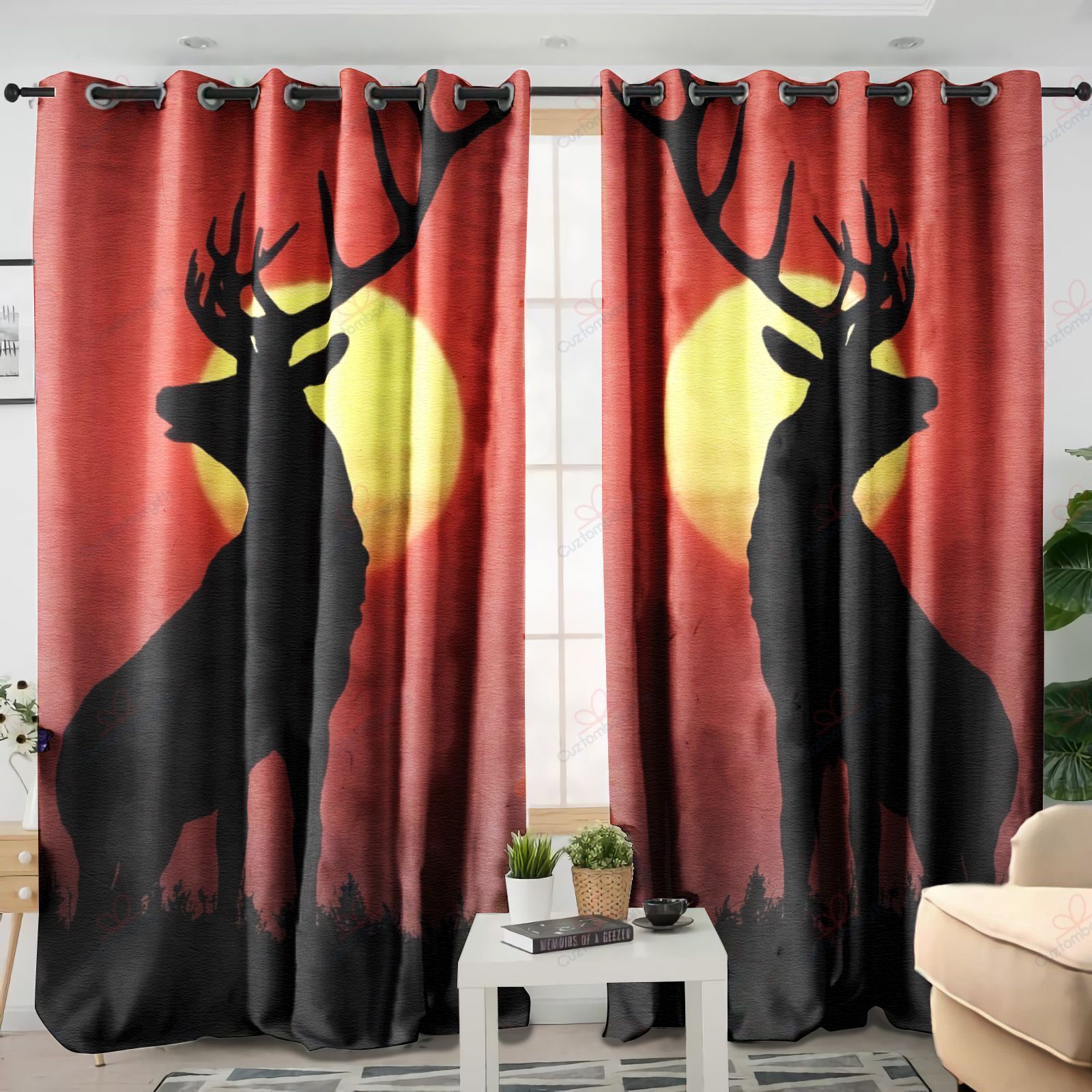 Deer At Sunset Printed Window Curtain Home Decor