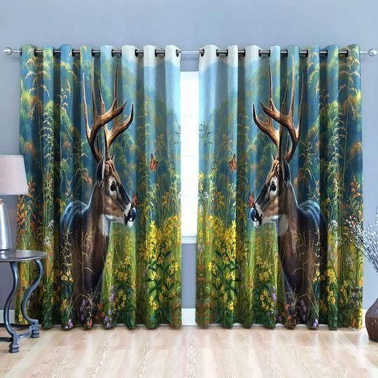Deer Hunting Yellow Flower Garden Printed Window Curtain Home Decor
