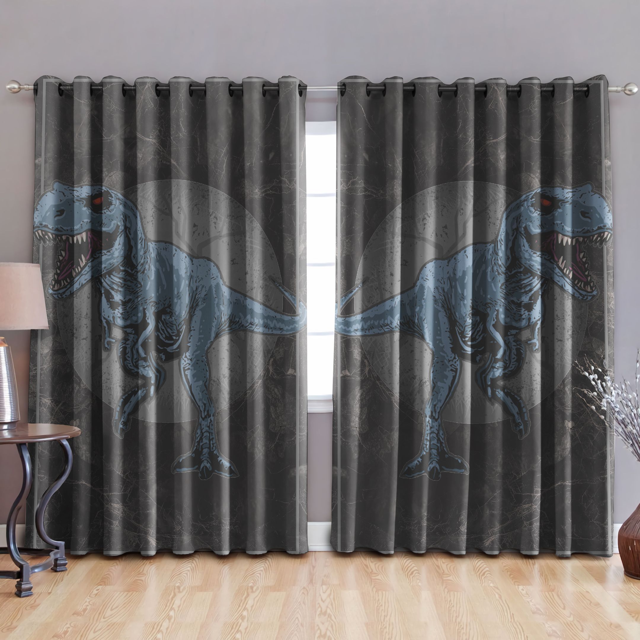 Dinosaur Full Moon Gray Printed Window Curtain Home Decor