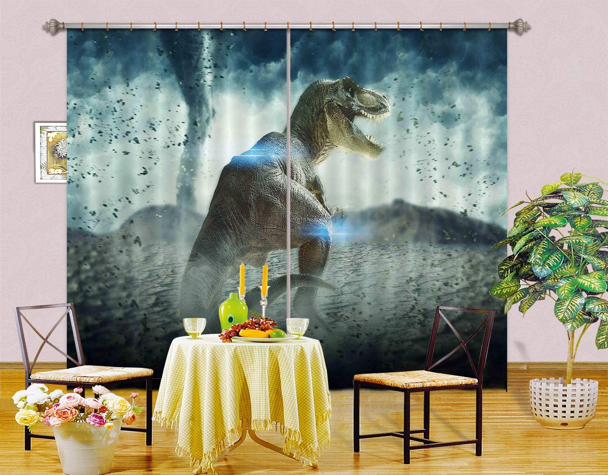 Dinosaur With Tornado Wild Life Printed Window Curtain