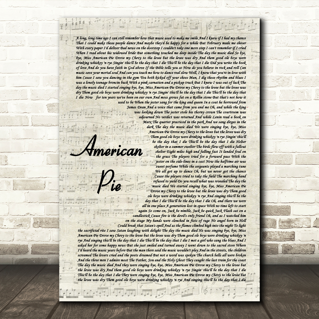 Don McLean American Pie Vintage Script Song Lyric Wall Art Print