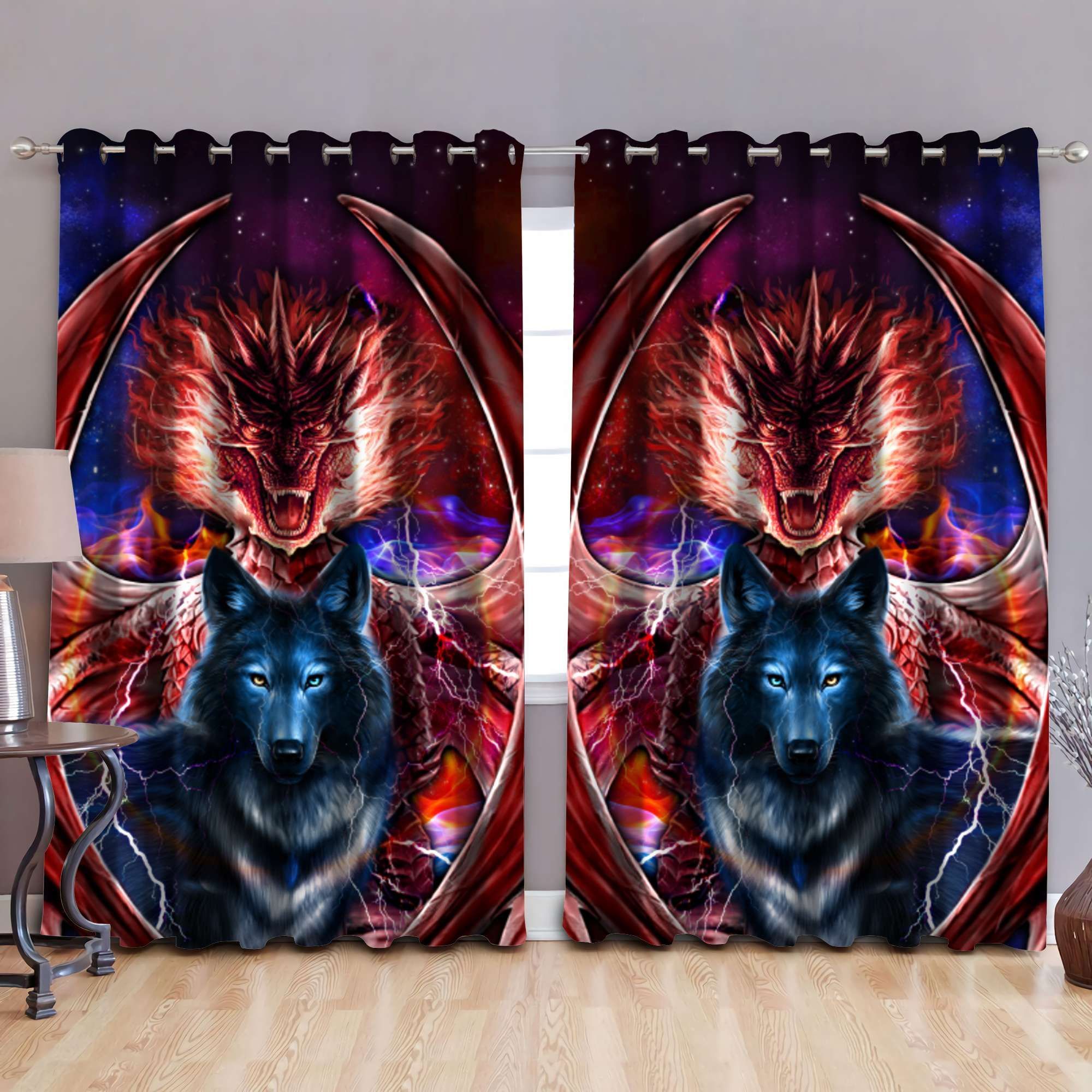 Dragon And Wolf Thermal Grommet Window Curtains - Dragon Blackout Curtains