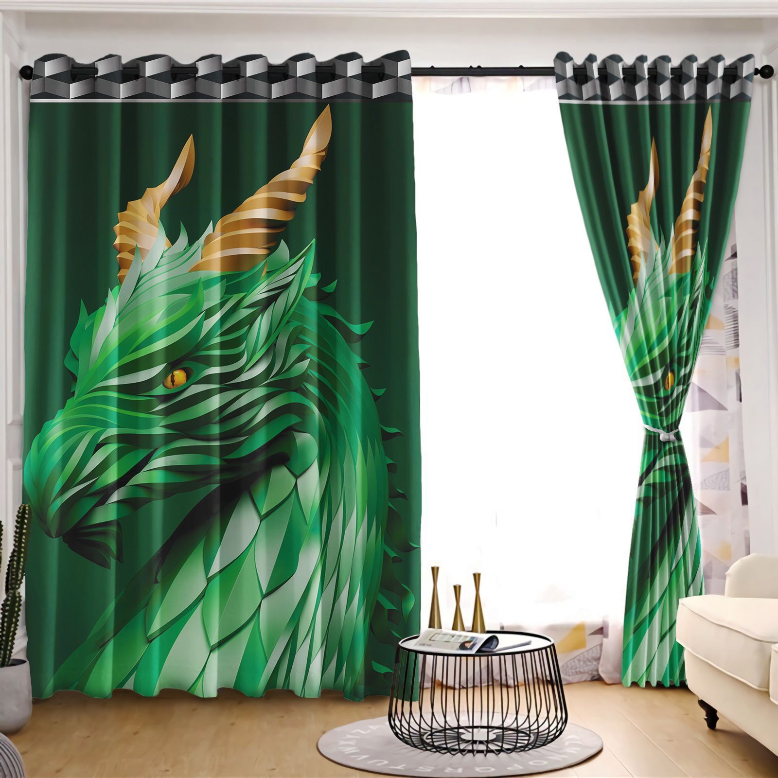 Dragon Monster Dark Green Background Printed Window Curtain - Dragon Blackout Curtains