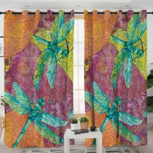Dragonfly And Autum Leaves Printed Window Curtain