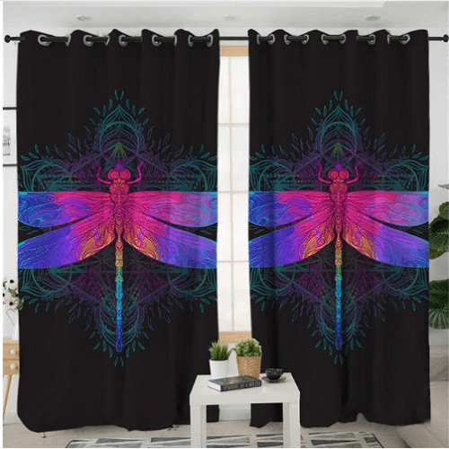 Dragonfly Mandala Design Black Background Printed Window Curtain