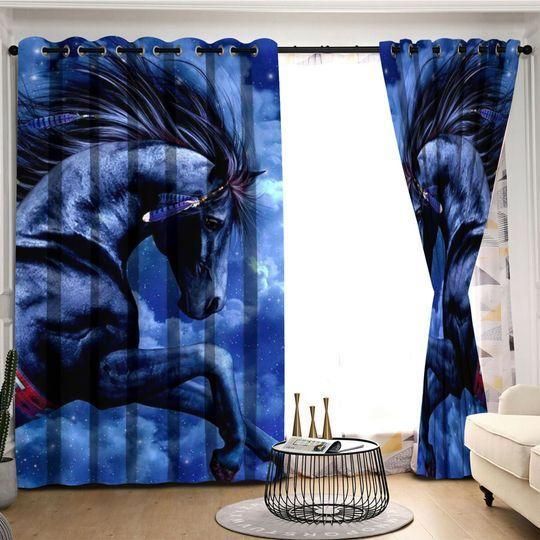 Dream World Horse Blue Cloud Printed Window Curtain