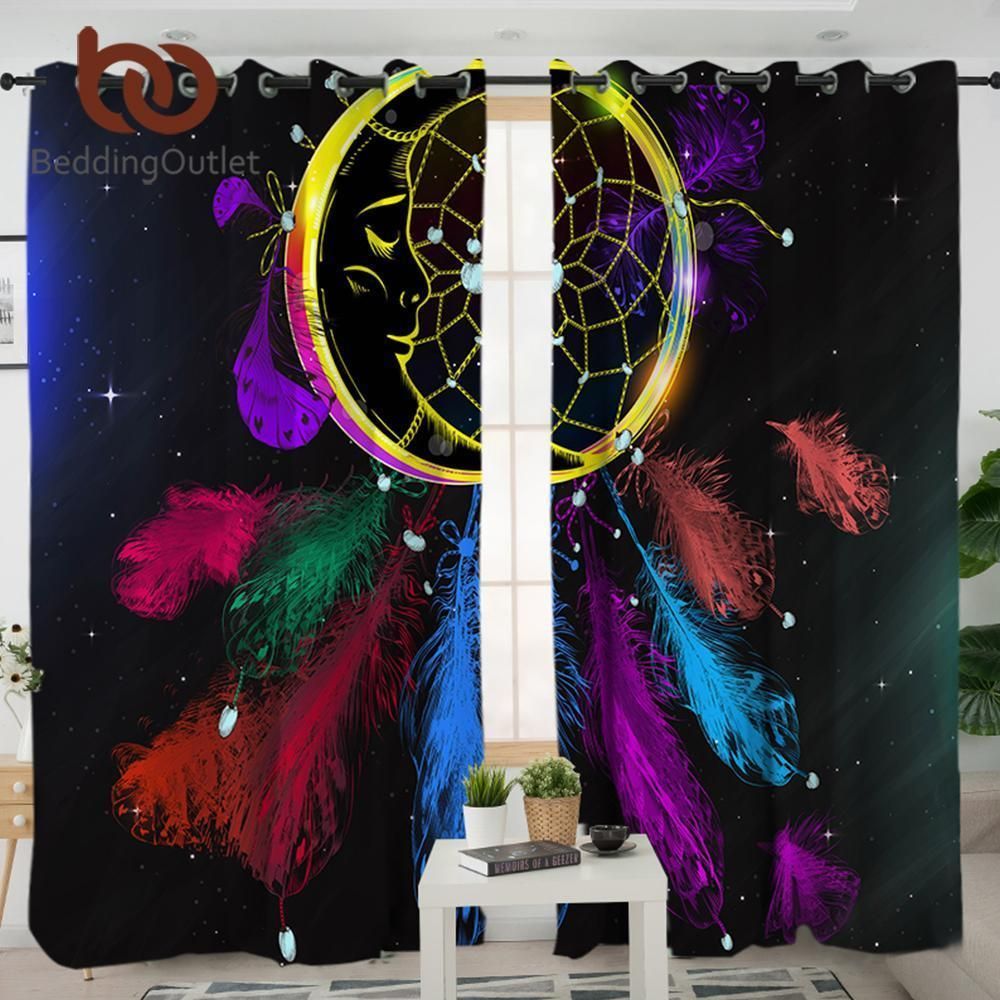 Dreamcatcher Colorful Feathers Black Native American Design Printed Window Curtains Home Decor