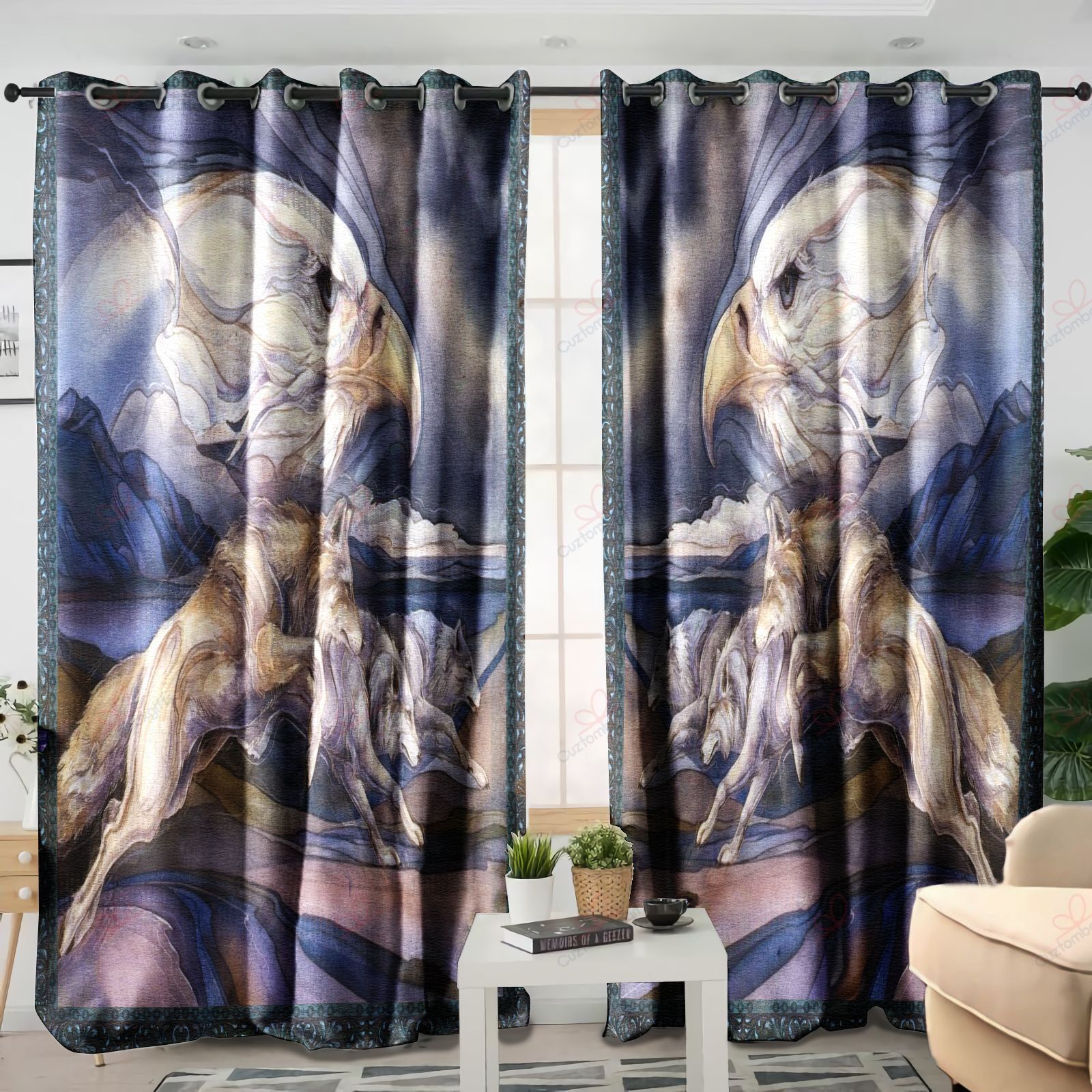 Eagle And Wolf Mountain Printed Window Curtain Home Decor