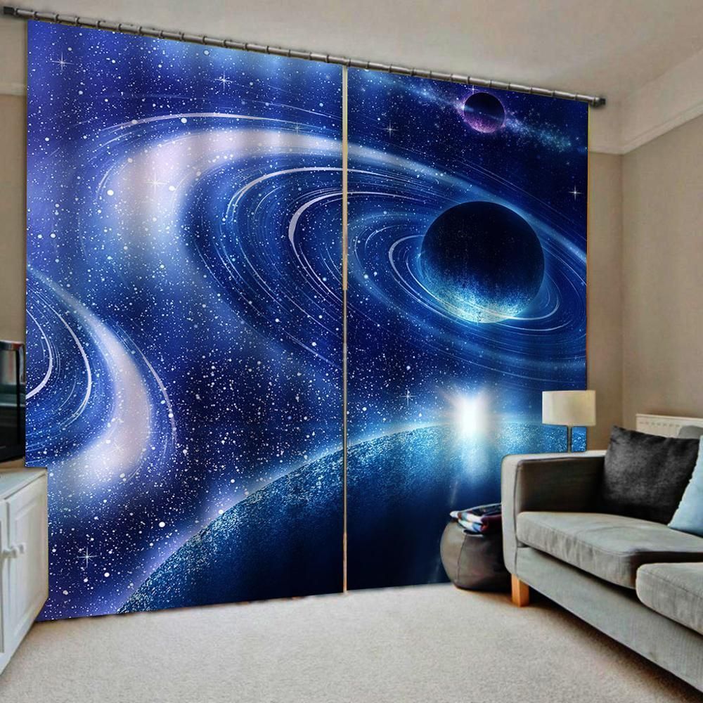 Earth And Galaxy Printed Window Curtain Home Decor