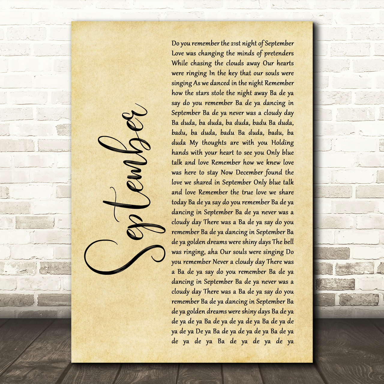 Earth, Wind And Fire September Rustic Script Song Lyric Wall Art Print