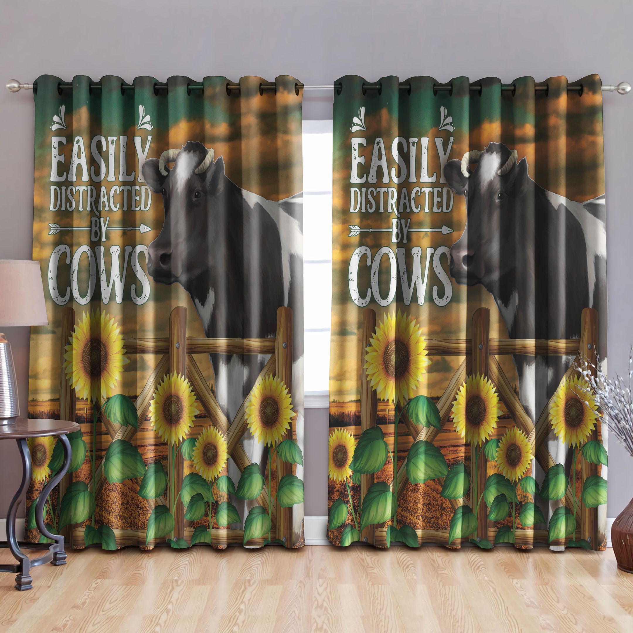 Easily Distracted By Cows Sunflower Printed Window Curtain Home Decor