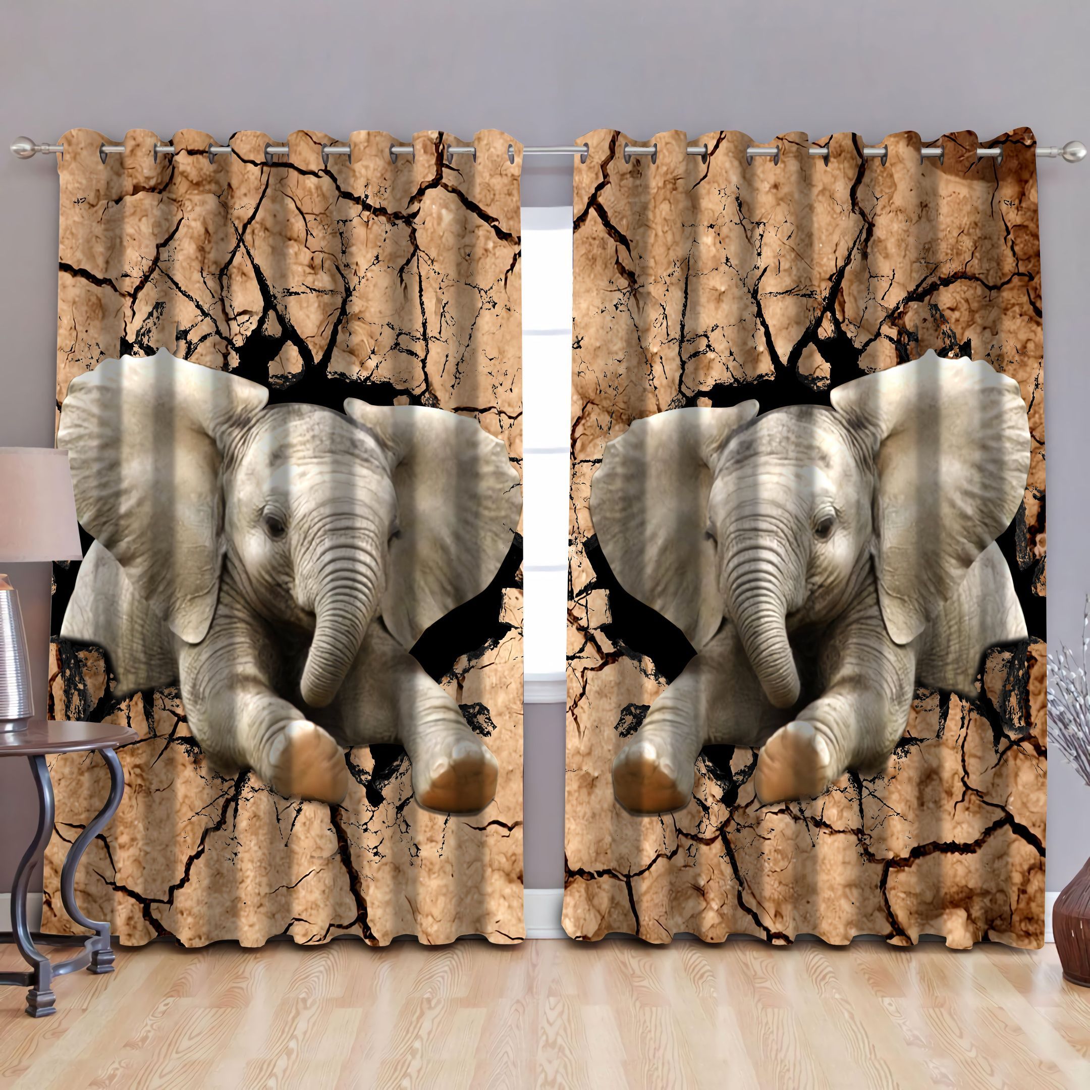 Elephant Arid Land Printed Window Curtain