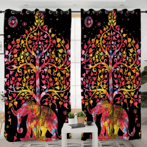 Elephant Colorful Tree Printed Window Curtain