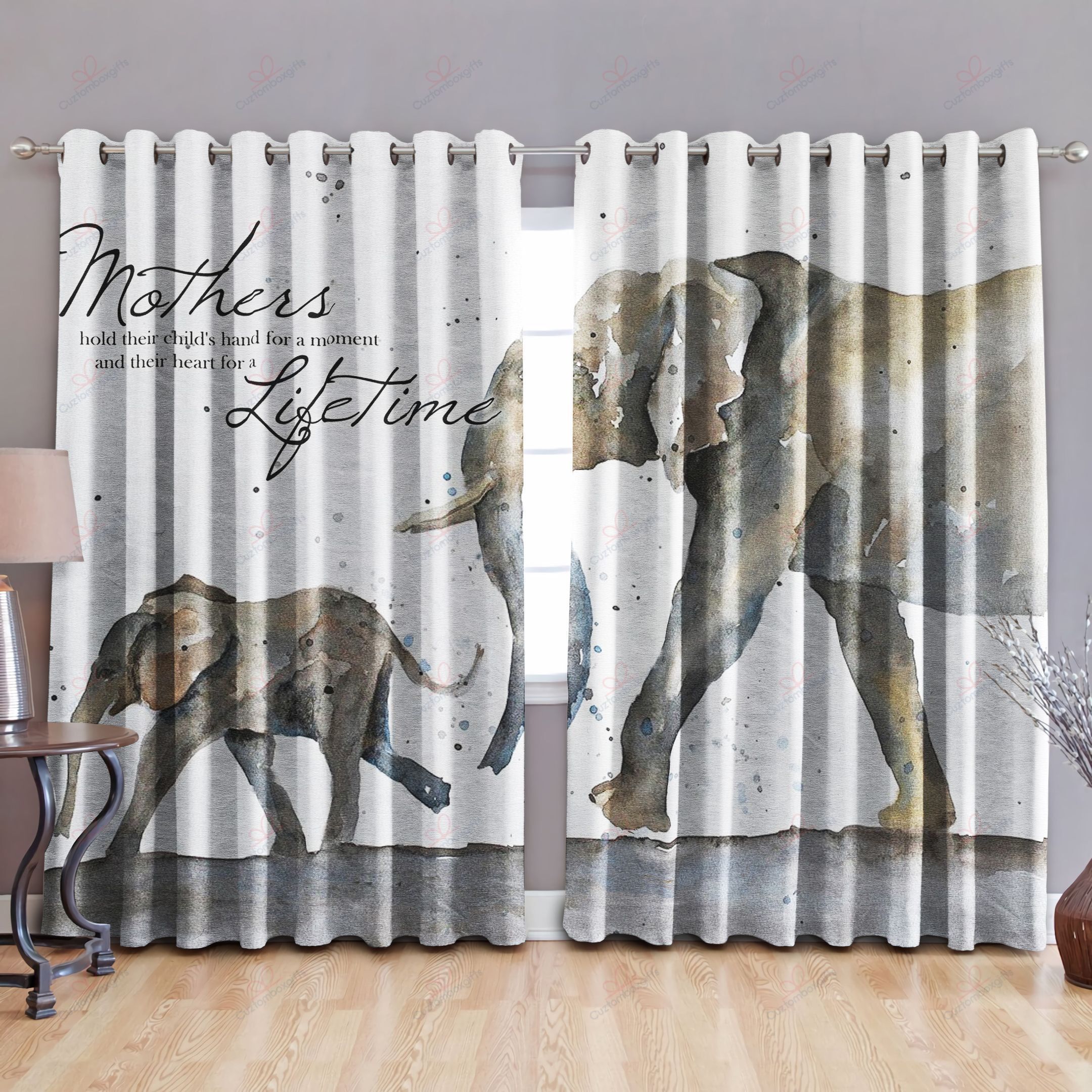 Elephant Mother And Baby Printed Window Curtain Home Decor