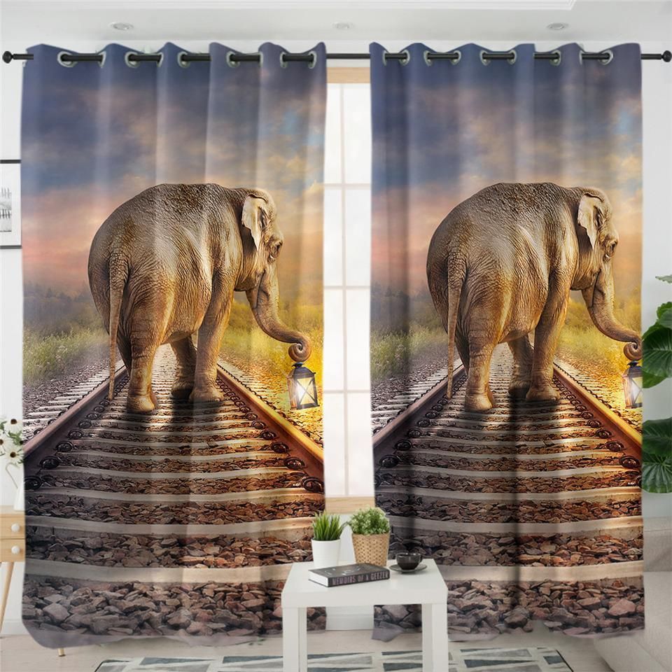 Elephant On Railway 3D Printed  Window Curtain Home Decor