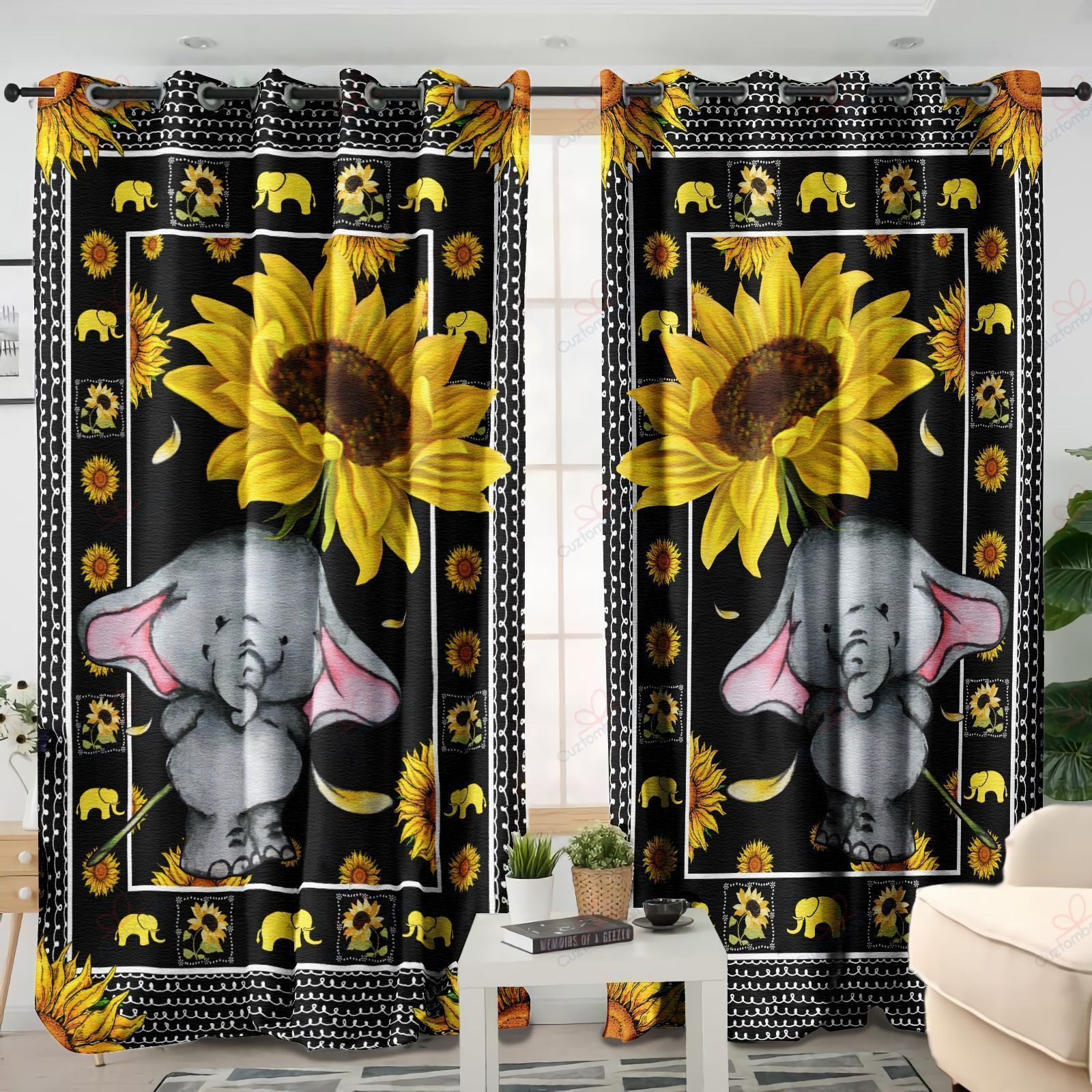 Elephant Sunflower Printed Window Curtain Home Decor