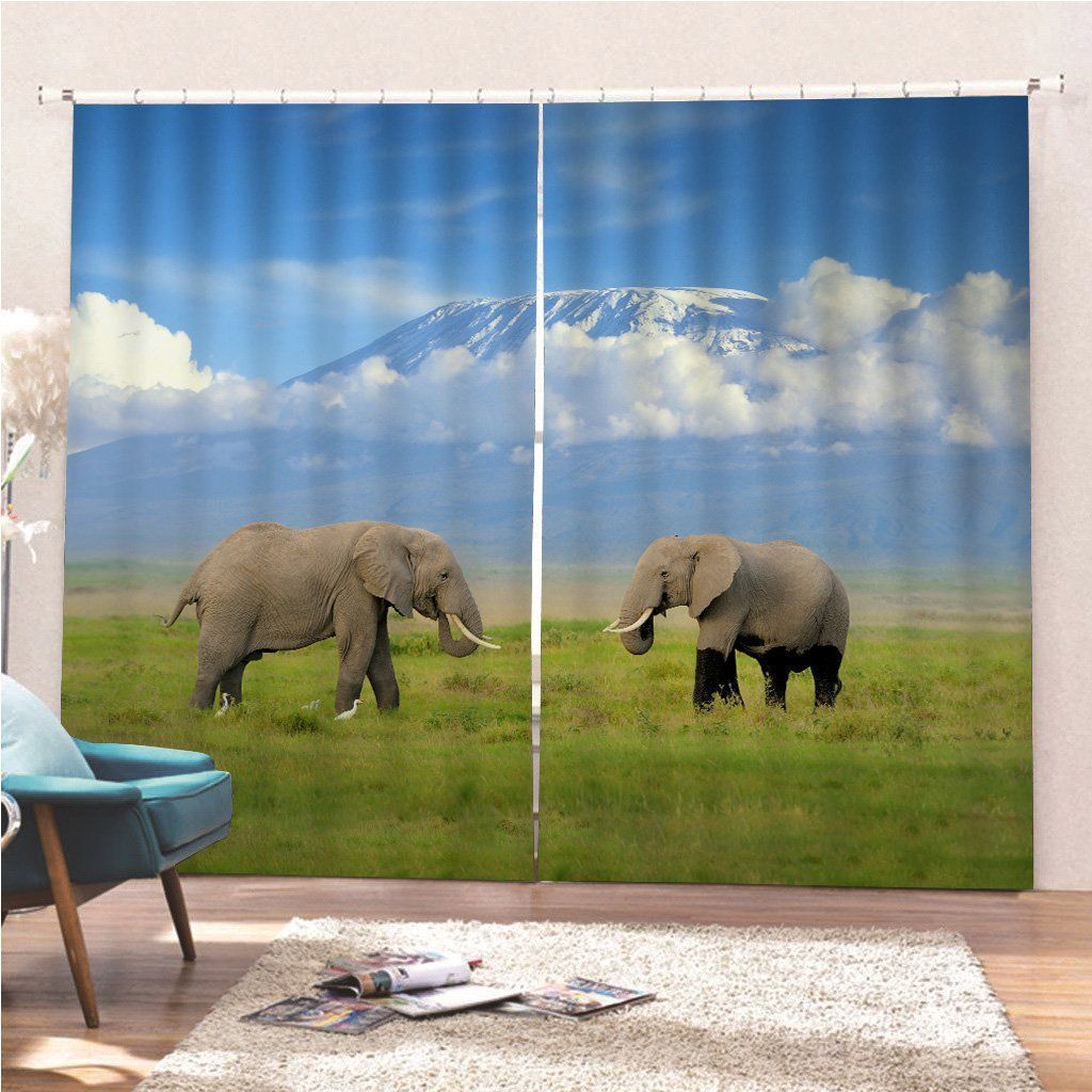 Elephant With Mount Kilimanjaro Printed Window Curtain