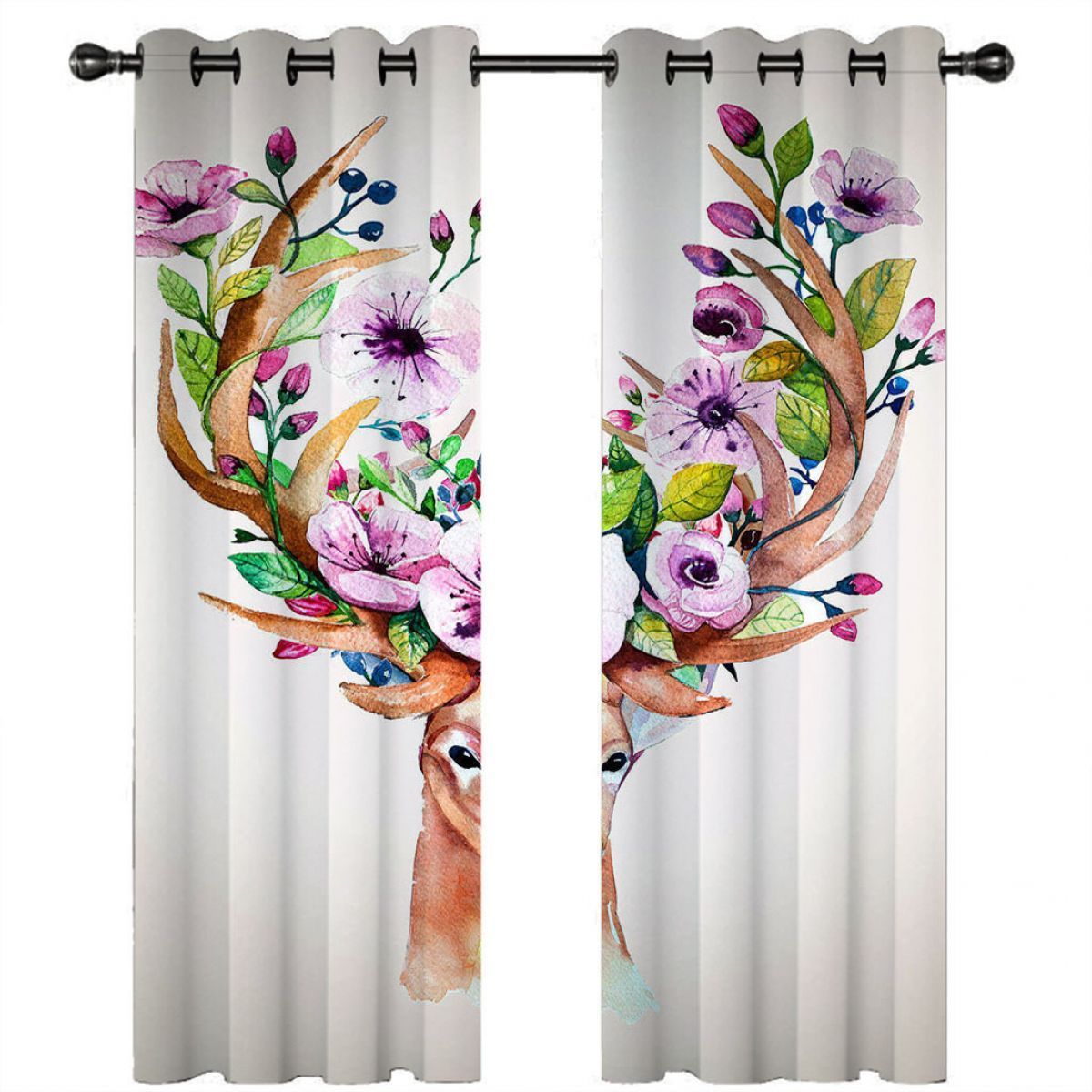 Elk And Flowers Printed Window Curtain Home Decor