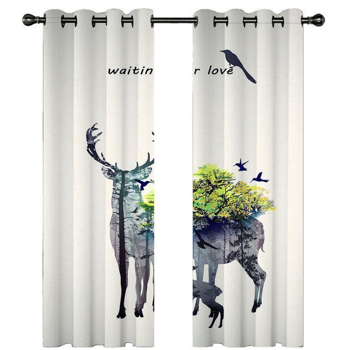 Elks Tree And Birds Waiting For Love Printed Window Curtain Home Decor