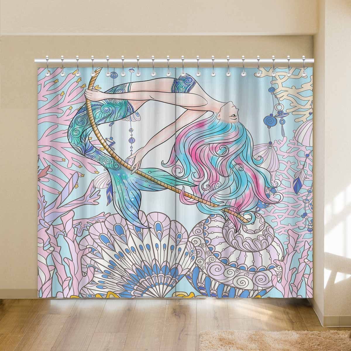 Ethnic Mermaid Swinging On Rope Printed Window Curtain