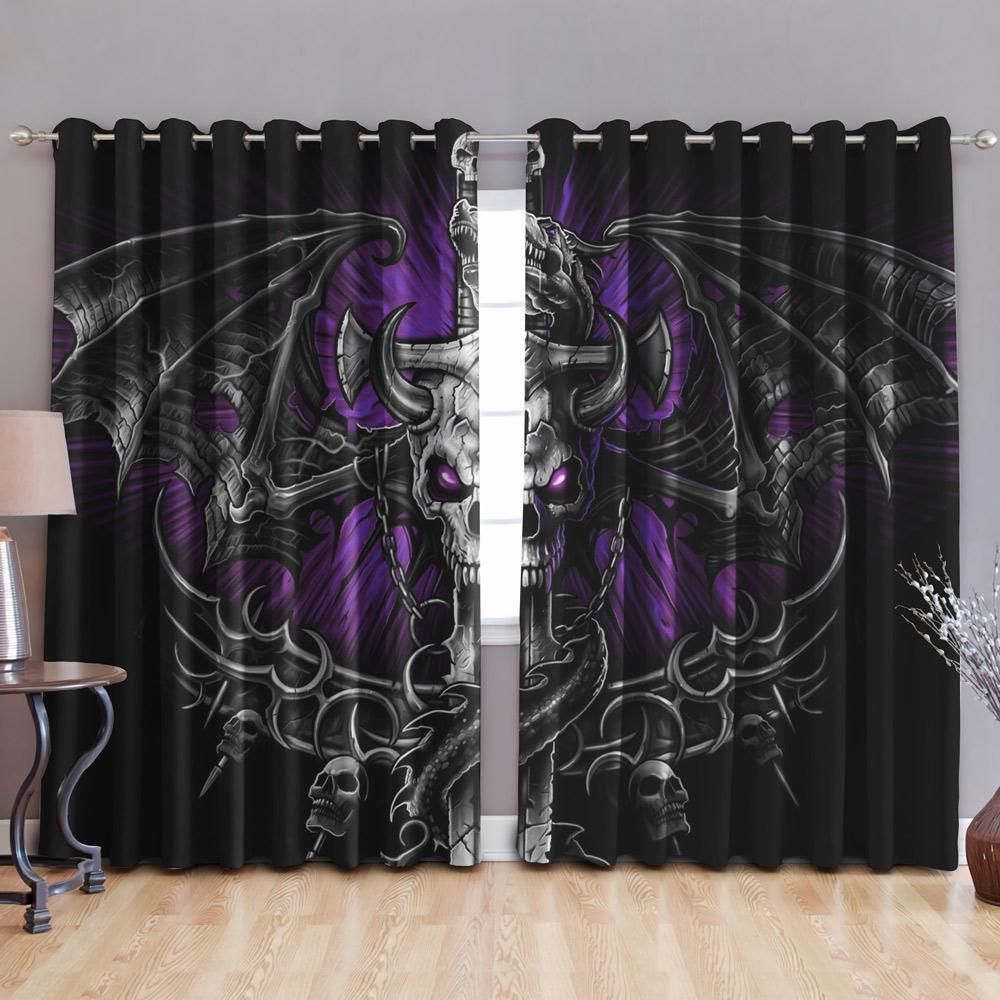 Evil Wings Skull Dragon Purple Black Printed Window Curtain - Dragon Blackout Curtains