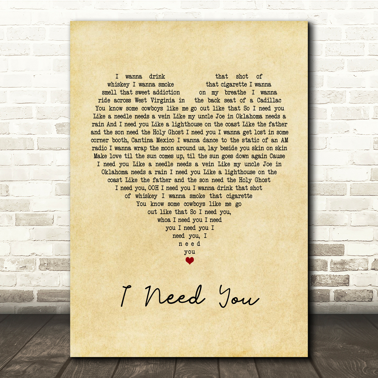 Faith Hill and Tim McGraw I Need You Vintage Heart Song Lyric Music Print