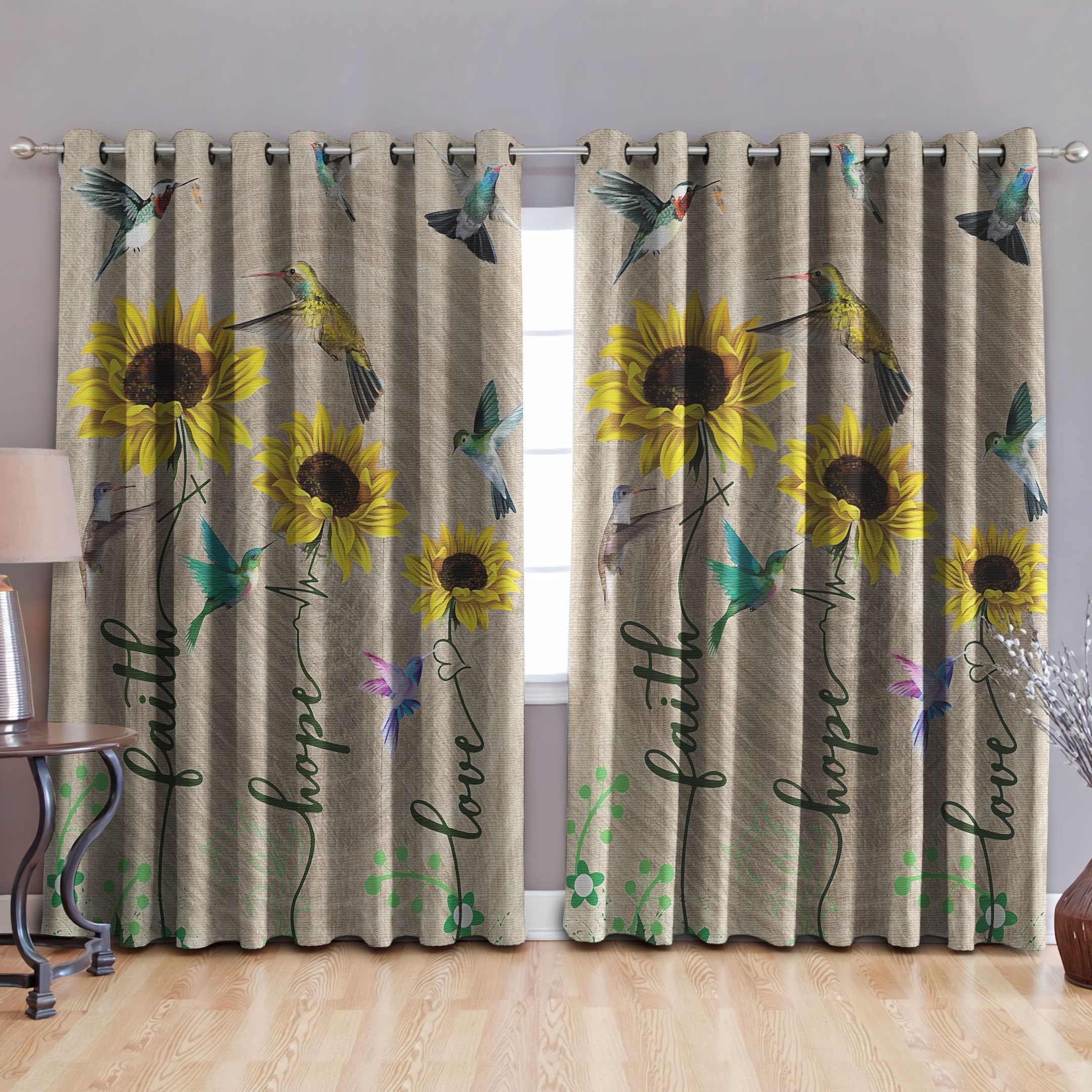 Faith Hope Love Sunflower Hummingbird Printed Window Curtain Home Decor
